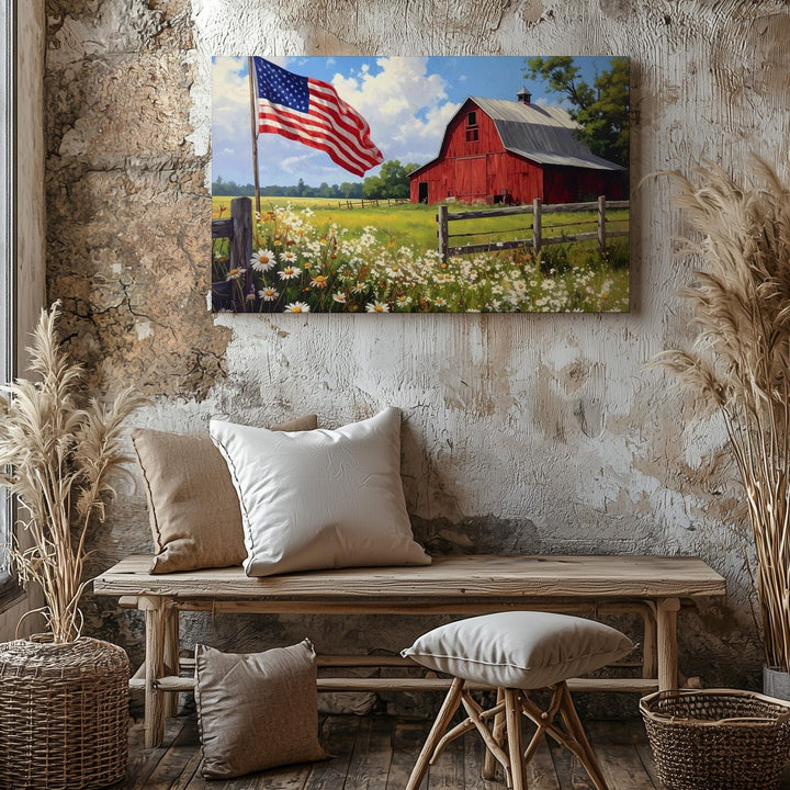 Red Barn & Daisy Field Canvas – Patriotic Farm Landscape Wall Art - Gifitto