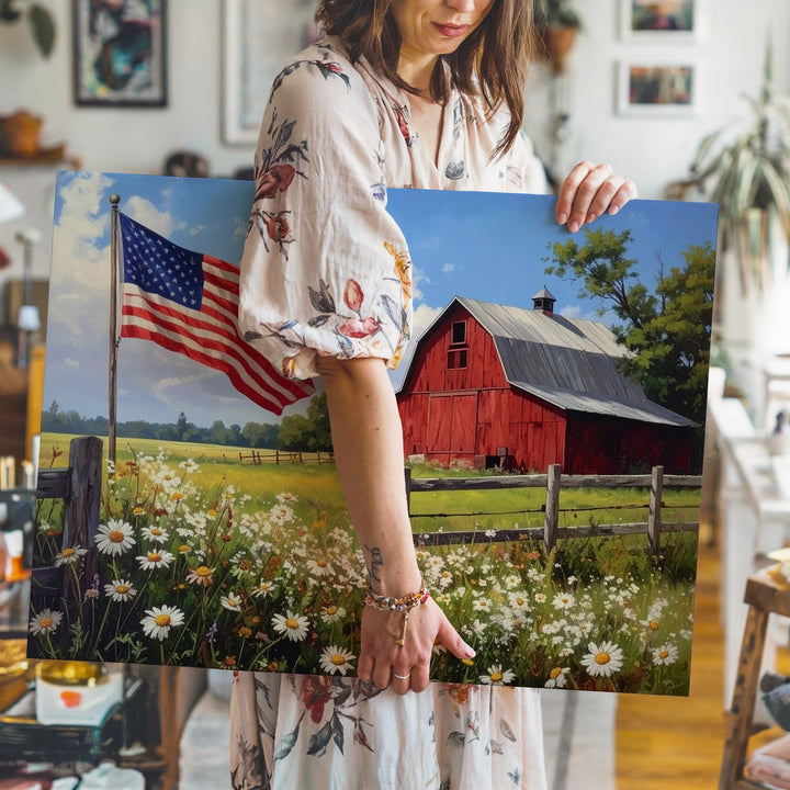 Red Barn & Daisy Field Canvas – Patriotic Farm Landscape Wall Art - Gifitto