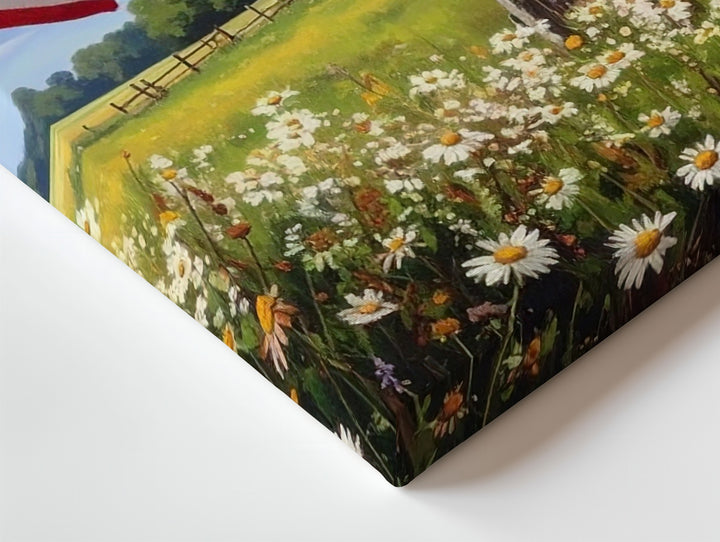 Red Barn & Daisy Field Canvas – Patriotic Farm Landscape Wall Art - Gifitto