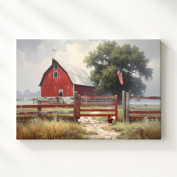 Misty Red Barn Canvas – Quiet American Farm Life with Flag Wall Art - Gifitto