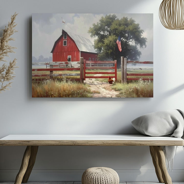 Misty Red Barn Canvas – Quiet American Farm Life with Flag Wall Art - Gifitto