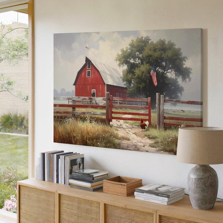 Misty Red Barn Canvas – Quiet American Farm Life with Flag Wall Art - Gifitto