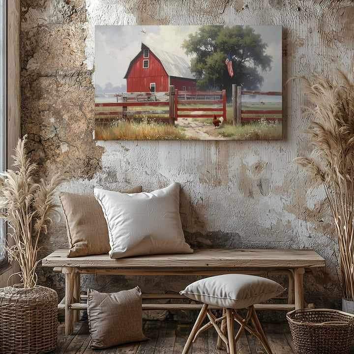Misty Red Barn Canvas – Quiet American Farm Life with Flag Wall Art - Gifitto