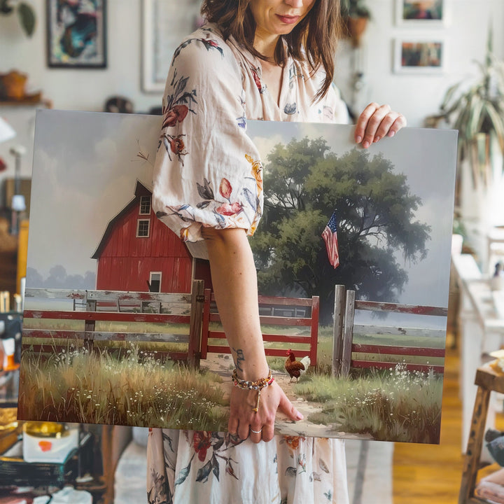 Misty Red Barn Canvas – Quiet American Farm Life with Flag Wall Art - Gifitto
