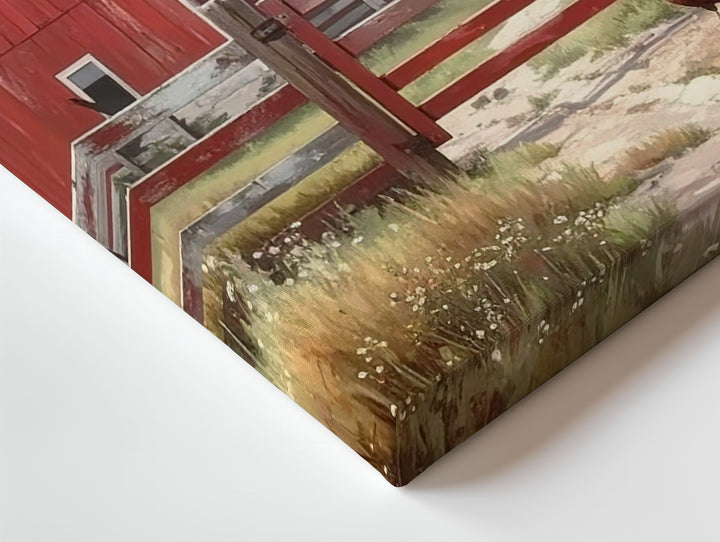 Misty Red Barn Canvas – Quiet American Farm Life with Flag Wall Art - Gifitto