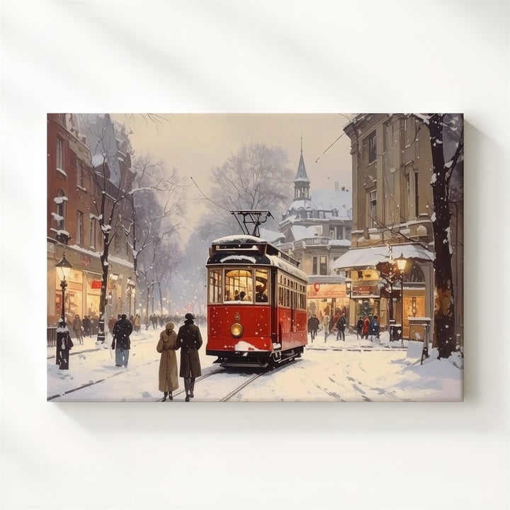 Red Streetcar in Snowy City Canvas – Romantic Winter Urban Travel Art - Gifitto