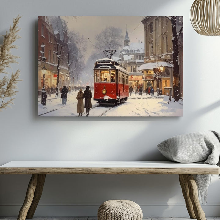 Red Streetcar in Snowy City Canvas – Romantic Winter Urban Travel Art - Gifitto