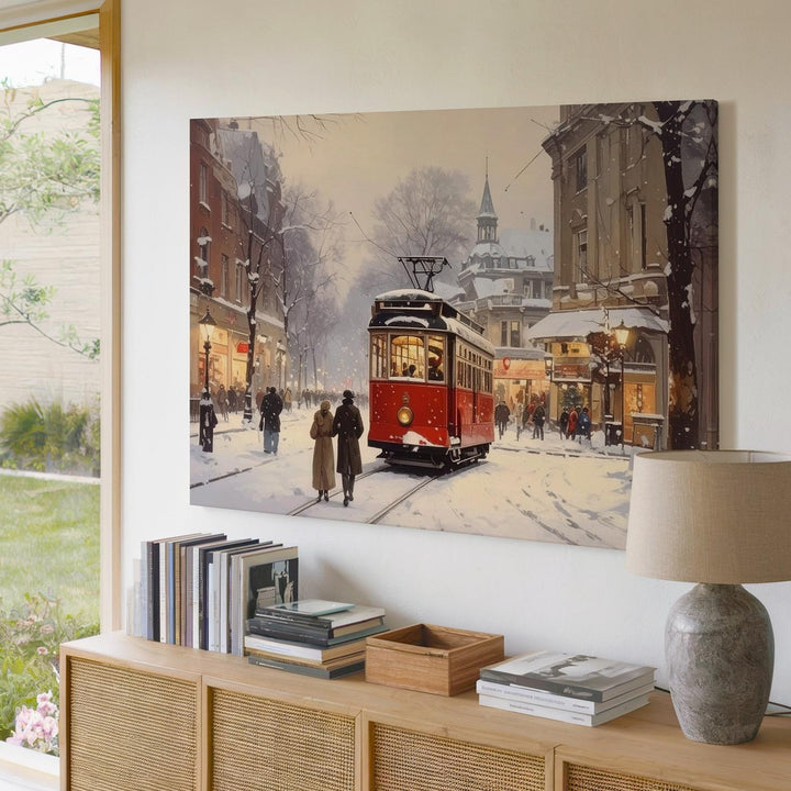 Red Streetcar in Snowy City Canvas – Romantic Winter Urban Travel Art - Gifitto