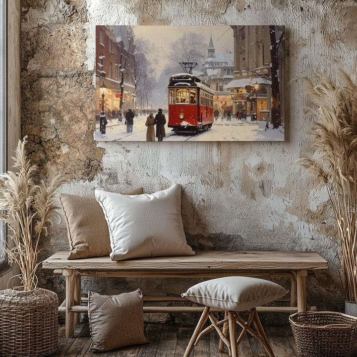 Red Streetcar in Snowy City Canvas – Romantic Winter Urban Travel Art - Gifitto