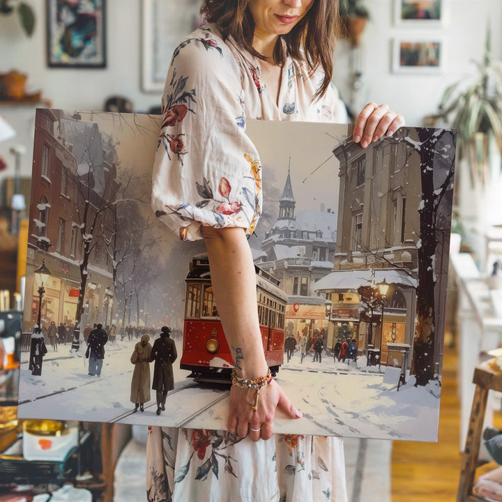 Red Streetcar in Snowy City Canvas – Romantic Winter Urban Travel Art - Gifitto