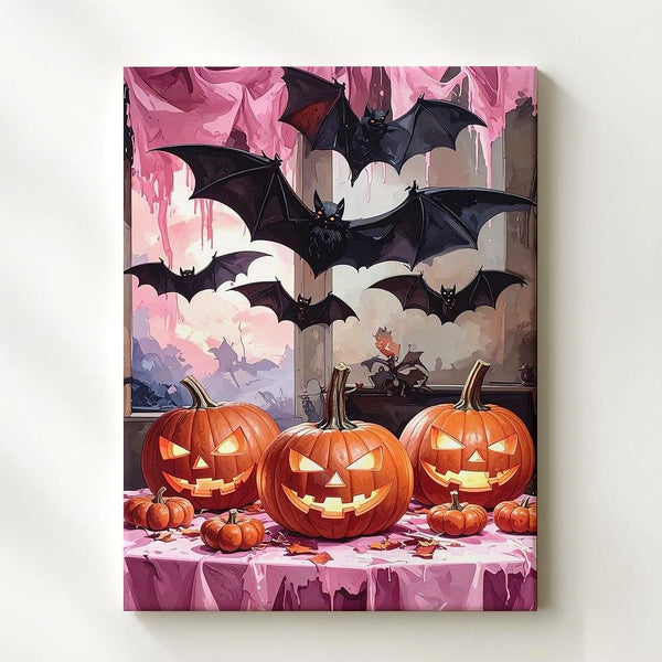 Moody Halloween Spread Canvas – Glowing Pumpkins & Dripping Pink Tablecloth Art - Gifitto