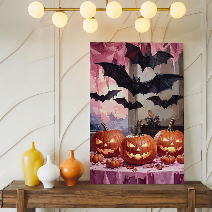 Moody Halloween Spread Canvas – Glowing Pumpkins & Dripping Pink Tablecloth Art - Gifitto