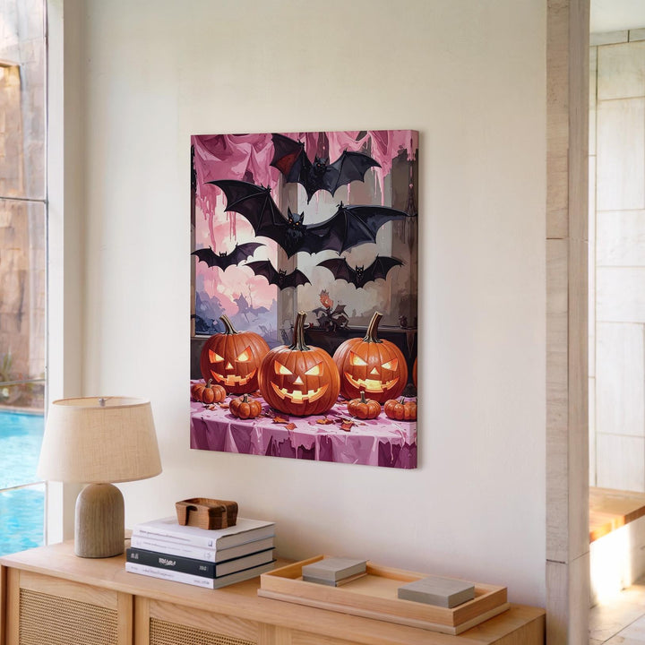 Moody Halloween Spread Canvas – Glowing Pumpkins & Dripping Pink Tablecloth Art - Gifitto