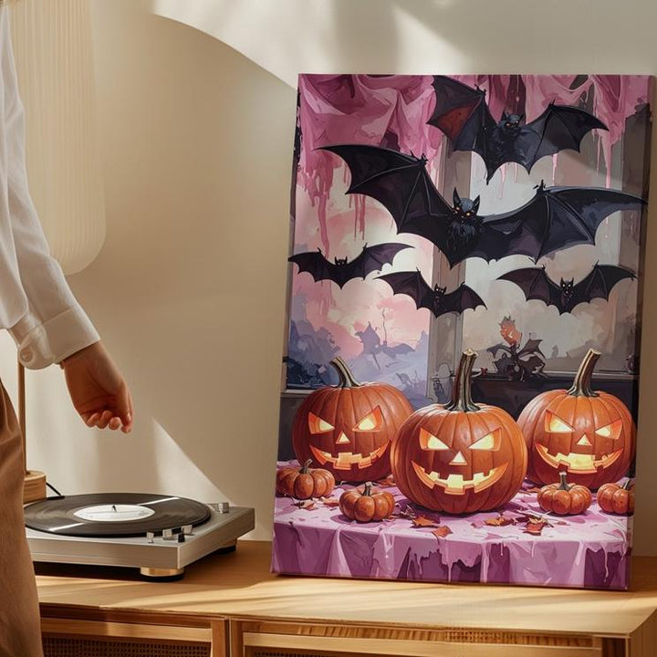 Moody Halloween Spread Canvas – Glowing Pumpkins & Dripping Pink Tablecloth Art - Gifitto