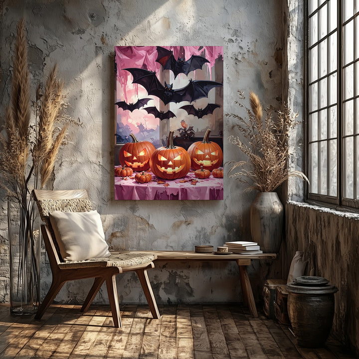 Moody Halloween Spread Canvas – Glowing Pumpkins & Dripping Pink Tablecloth Art - Gifitto