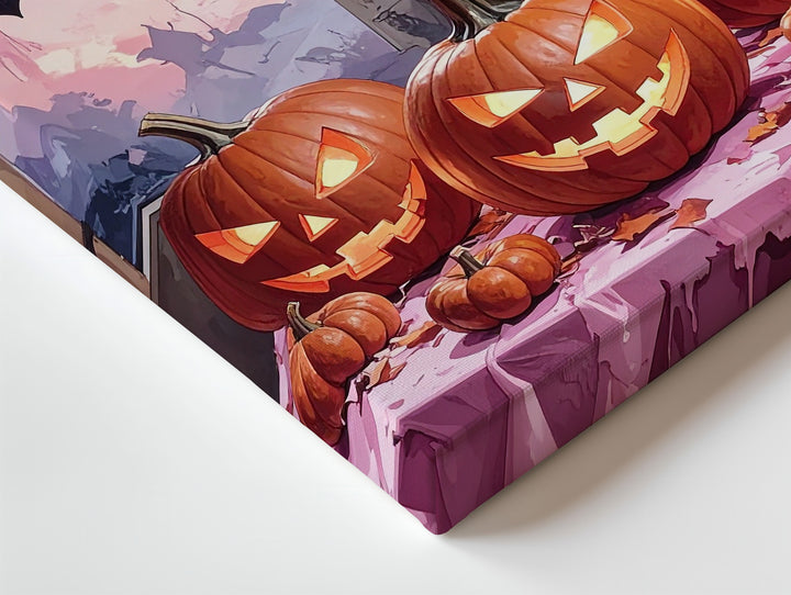 Moody Halloween Spread Canvas – Glowing Pumpkins & Dripping Pink Tablecloth Art - Gifitto
