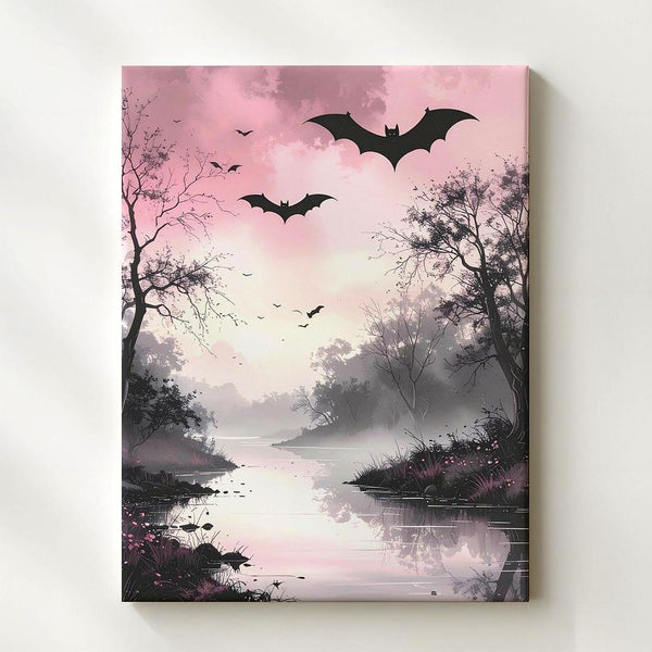 Misty Riverbank Canvas – Pale Pink Sky & Bats Halloween Art - Gifitto