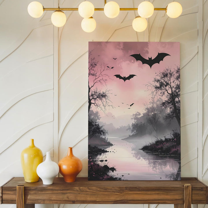 Misty Riverbank Canvas – Pale Pink Sky & Bats Halloween Art - Gifitto
