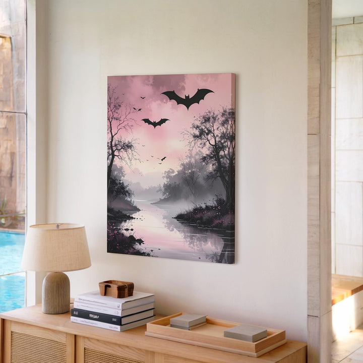 Misty Riverbank Canvas – Pale Pink Sky & Bats Halloween Art - Gifitto