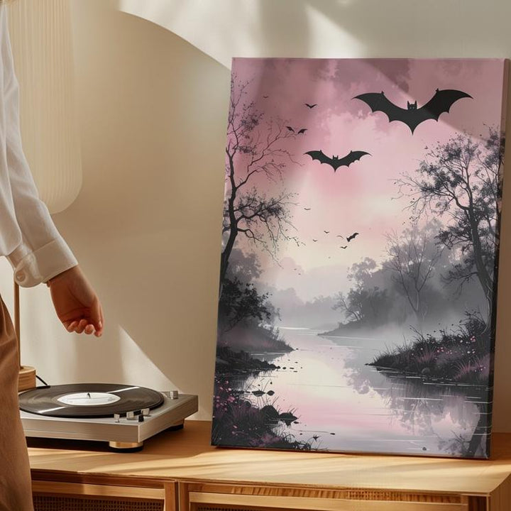 Misty Riverbank Canvas – Pale Pink Sky & Bats Halloween Art - Gifitto