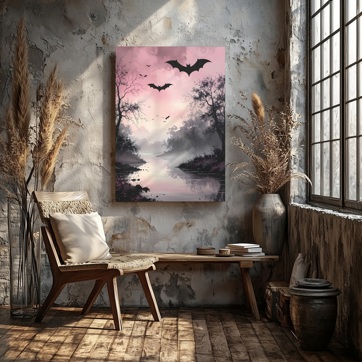 Misty Riverbank Canvas – Pale Pink Sky & Bats Halloween Art - Gifitto