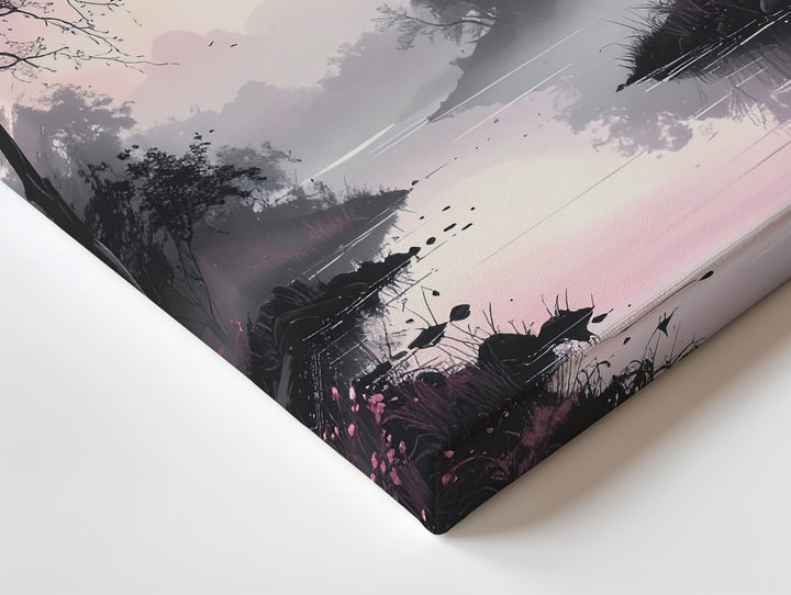 Misty Riverbank Canvas – Pale Pink Sky & Bats Halloween Art - Gifitto