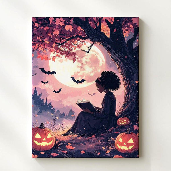 Moonlit Reading Girl Canvas – Dreamy Romantic Halloween Wall Art - Gifitto