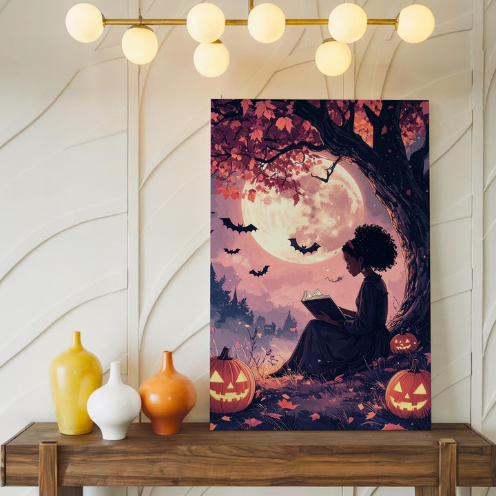 Moonlit Reading Girl Canvas – Dreamy Romantic Halloween Wall Art - Gifitto