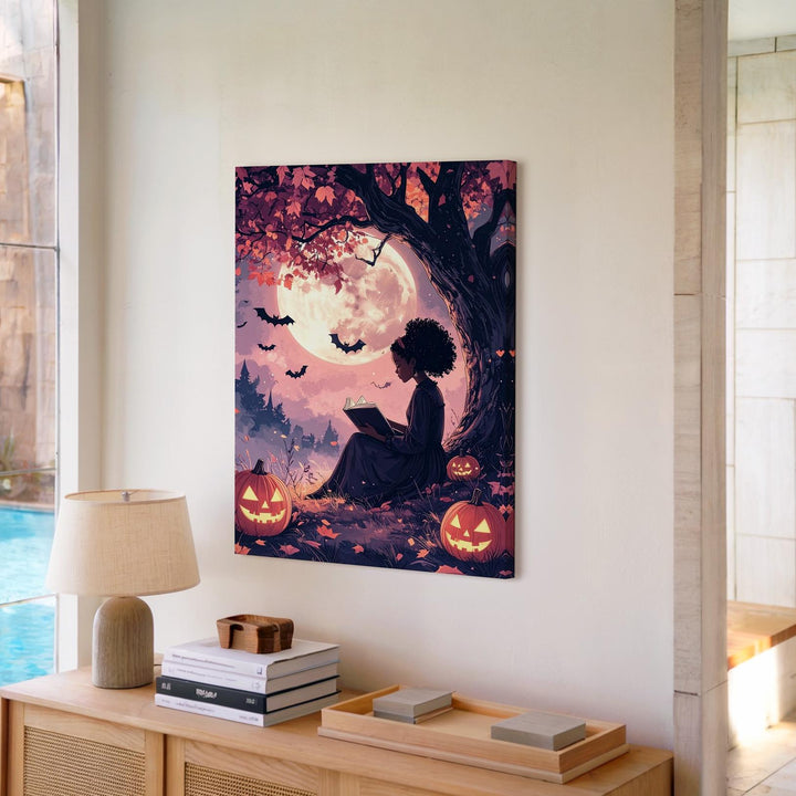 Moonlit Reading Girl Canvas – Dreamy Romantic Halloween Wall Art - Gifitto