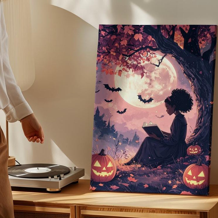 Moonlit Reading Girl Canvas – Dreamy Romantic Halloween Wall Art - Gifitto