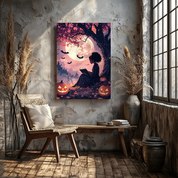 Moonlit Reading Girl Canvas – Dreamy Romantic Halloween Wall Art - Gifitto