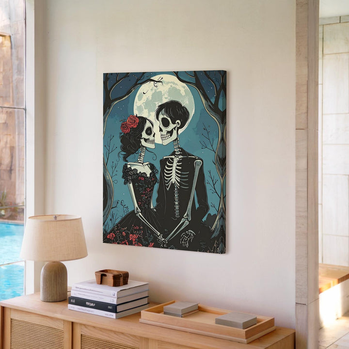 Romantic Skeleton Couple Canvas – Gothic Love & Moonlit Halloween Wall Art - Gifitto