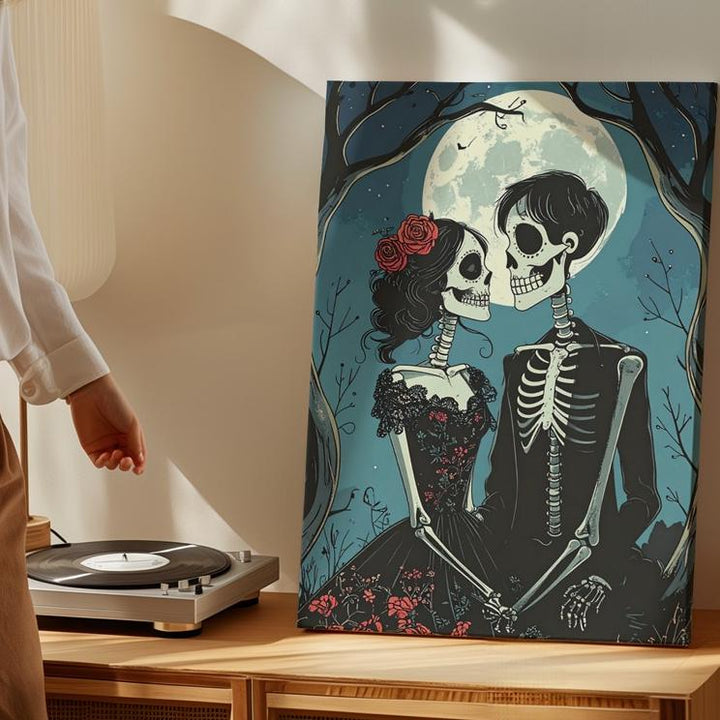 Romantic Skeleton Couple Canvas – Gothic Love & Moonlit Halloween Wall Art - Gifitto