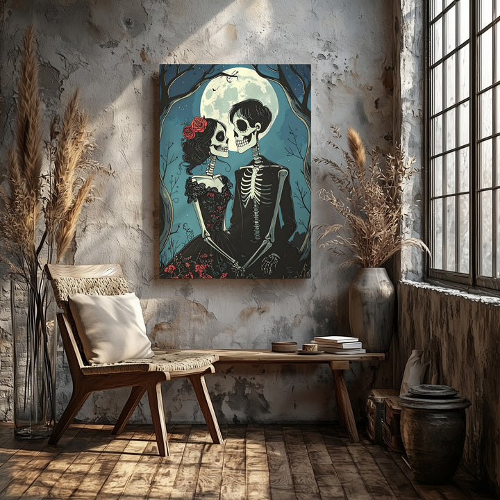 Romantic Skeleton Couple Canvas – Gothic Love & Moonlit Halloween Wall Art - Gifitto