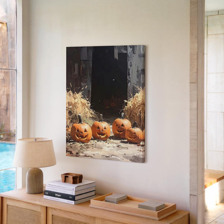 Barn Entrance Pumpkin Path Canvas – Rustic Halloween Mystery Wall Art - Gifitto