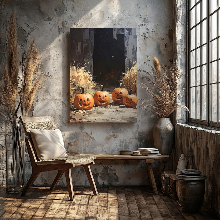 Barn Entrance Pumpkin Path Canvas – Rustic Halloween Mystery Wall Art - Gifitto