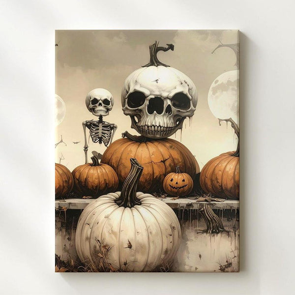 Skeleton-Faced Pumpkin Row Canvas – Gothic Halloween Still Life Display - Gifitto