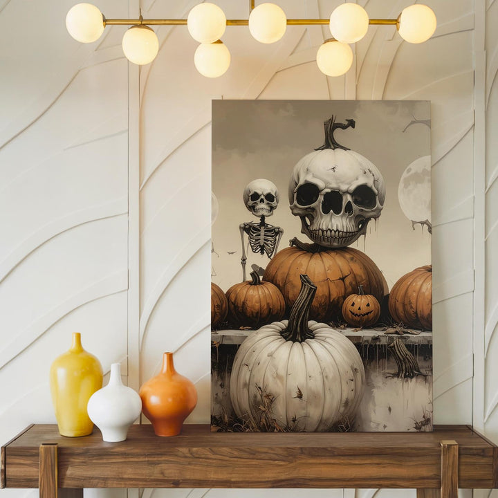Skeleton-Faced Pumpkin Row Canvas – Gothic Halloween Still Life Display - Gifitto