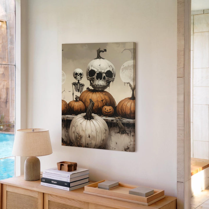 Skeleton-Faced Pumpkin Row Canvas – Gothic Halloween Still Life Display - Gifitto