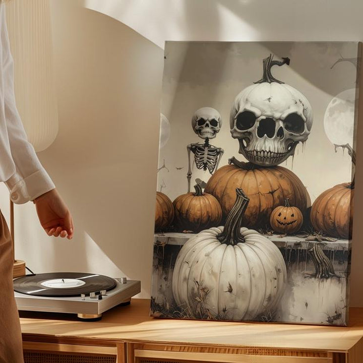 Skeleton-Faced Pumpkin Row Canvas – Gothic Halloween Still Life Display - Gifitto