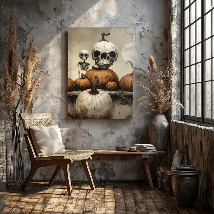 Skeleton-Faced Pumpkin Row Canvas – Gothic Halloween Still Life Display - Gifitto