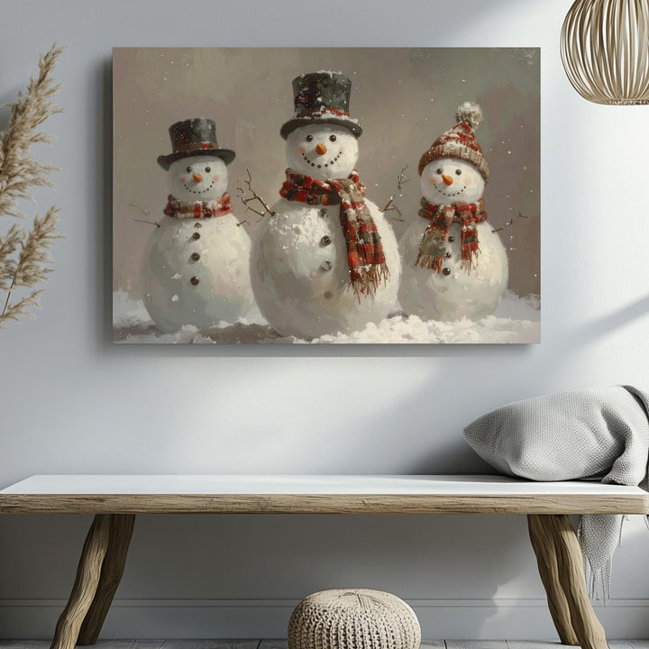 Charming Snowmen Trio Canvas – Vintage-Inspired Christmas Wall Art - Gifitto