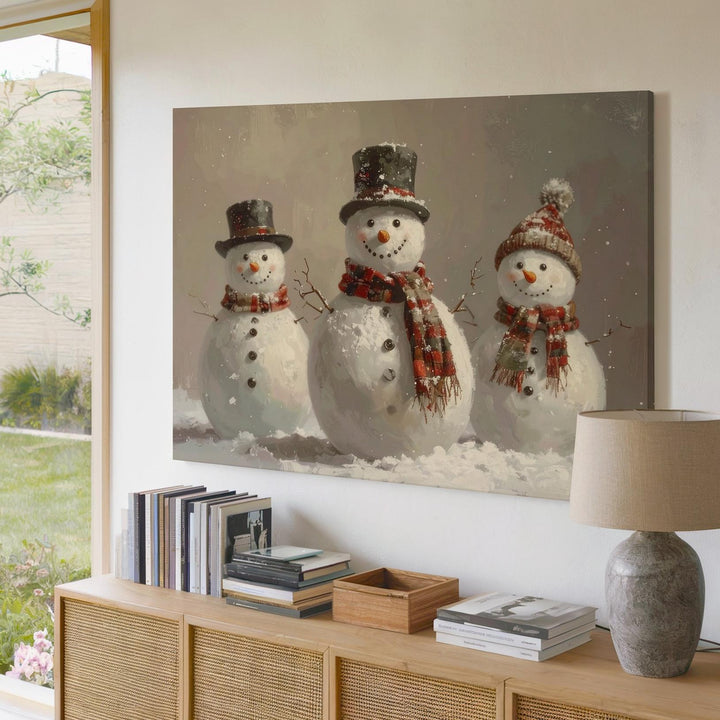 Charming Snowmen Trio Canvas – Vintage-Inspired Christmas Wall Art - Gifitto