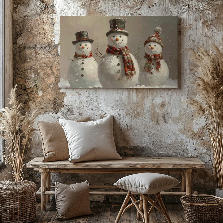 Charming Snowmen Trio Canvas – Vintage-Inspired Christmas Wall Art - Gifitto