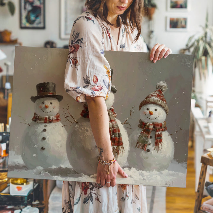 Charming Snowmen Trio Canvas – Vintage-Inspired Christmas Wall Art - Gifitto