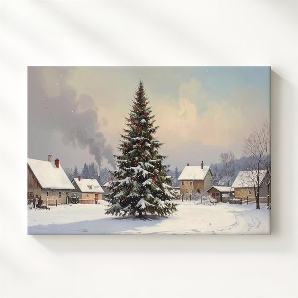Village Christmas Square Canvas – Peaceful Holiday Tree & Snowy Cottages - Gifitto