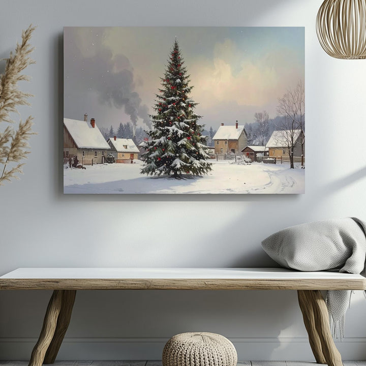 Village Christmas Square Canvas – Peaceful Holiday Tree & Snowy Cottages - Gifitto
