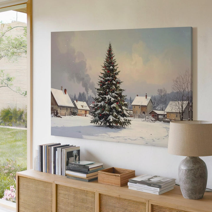 Village Christmas Square Canvas – Peaceful Holiday Tree & Snowy Cottages - Gifitto