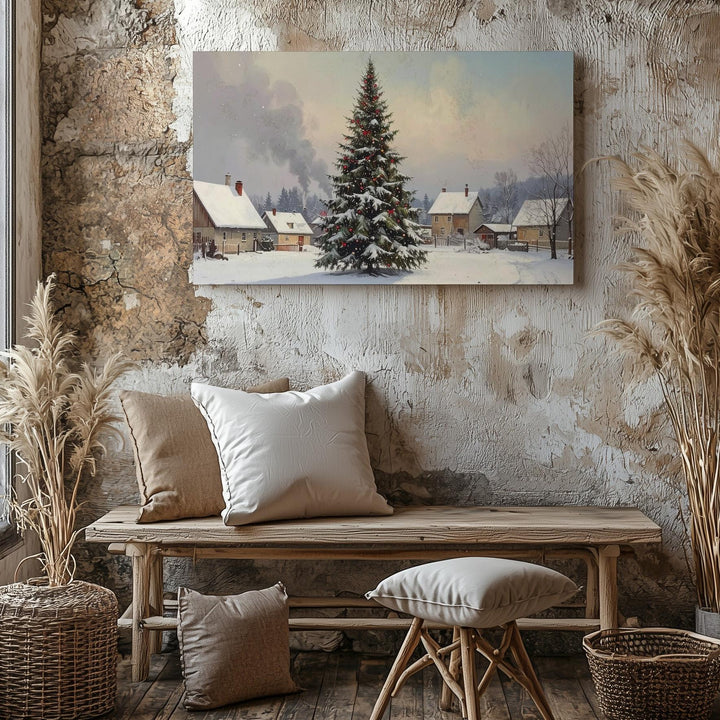 Village Christmas Square Canvas – Peaceful Holiday Tree & Snowy Cottages - Gifitto