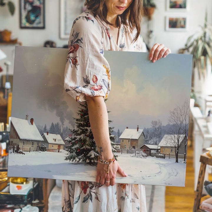 Village Christmas Square Canvas – Peaceful Holiday Tree & Snowy Cottages - Gifitto